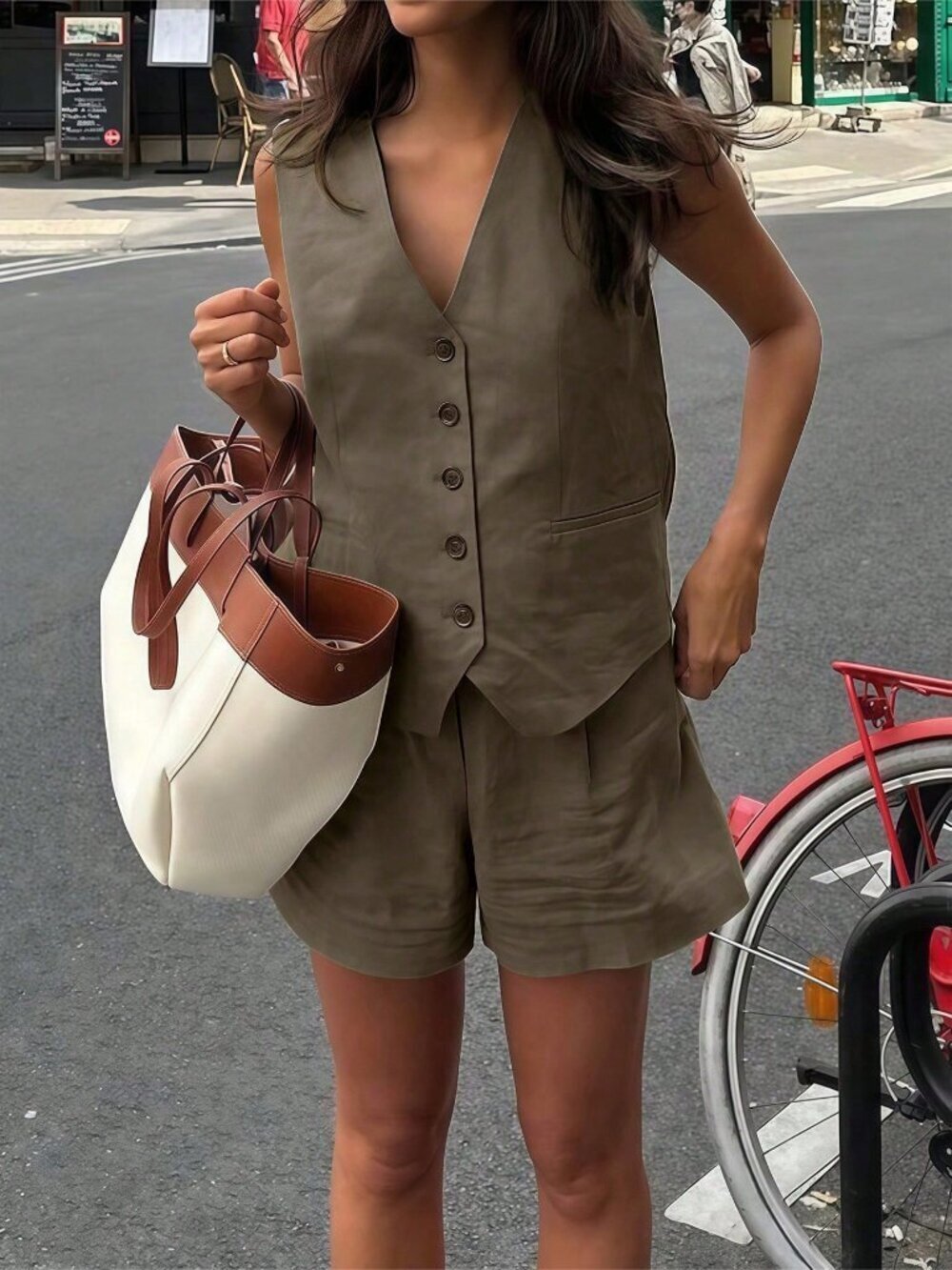 Brown Casual Women's Loose Single-Breasted Vest And Shorts Set - Picture 3 of 5